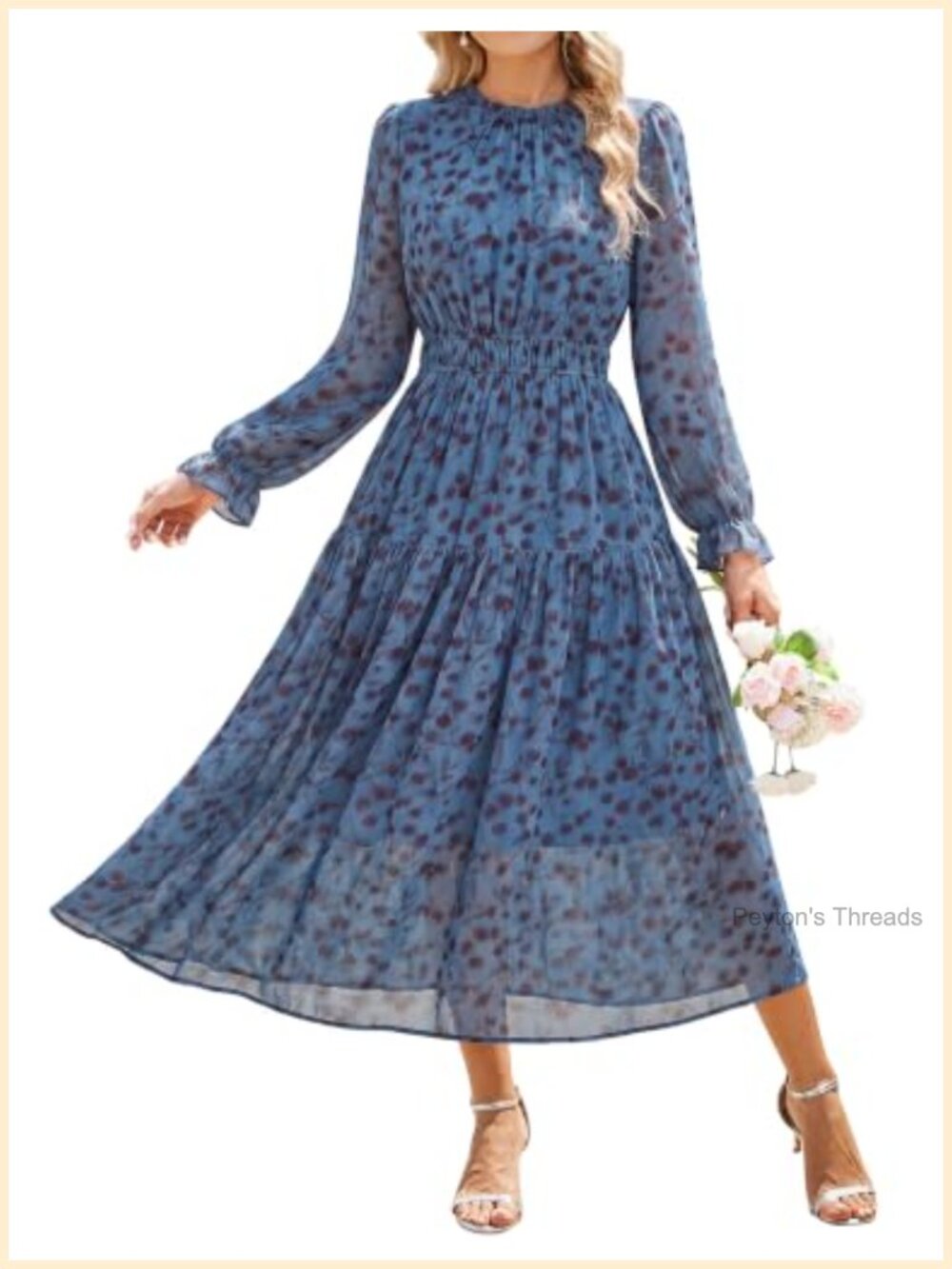 Womens Long Sleeve Chiffon Maxi Dress Floral Tiered A-Line Wedding Guest